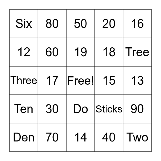 Number Bingo Card