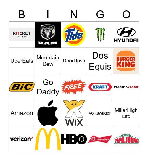 Superbowl Commercials Bingo Card