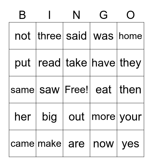 Snap word bingo Card