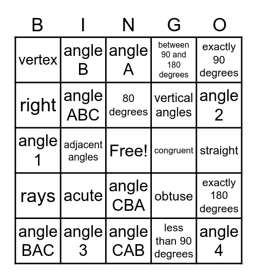 Angles and Angle Pairs Bingo Card