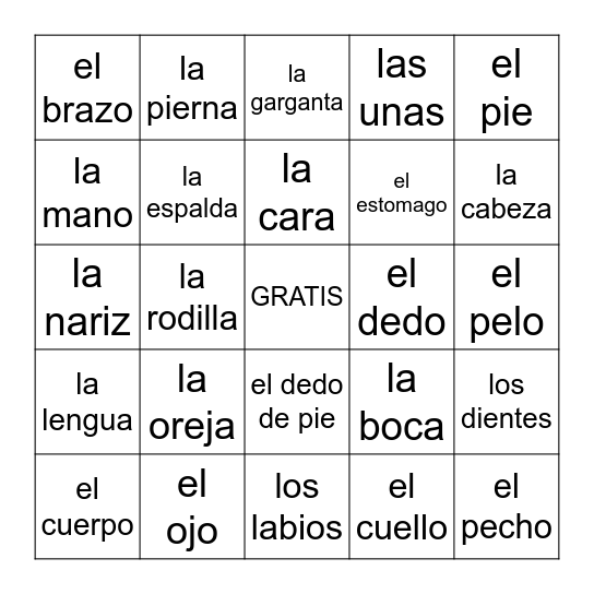 Las Partes del Cuerpo Bingo Card