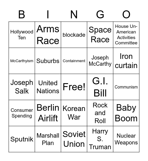 Early Cold War Bingo Card