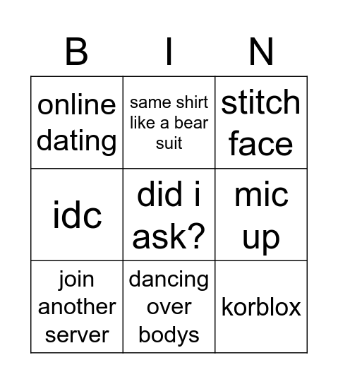 Roblox MM2 Teamers Bingo Card