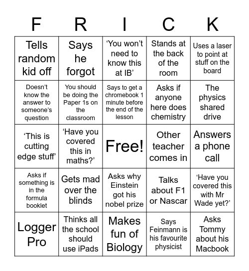 Mr Fricker Bingo Card