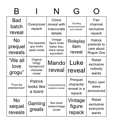 Star Wars Fan First Bingo Card