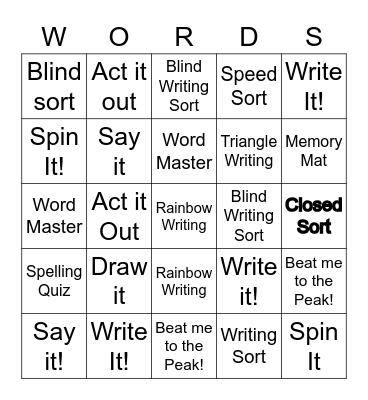 Word Work Bingo Card