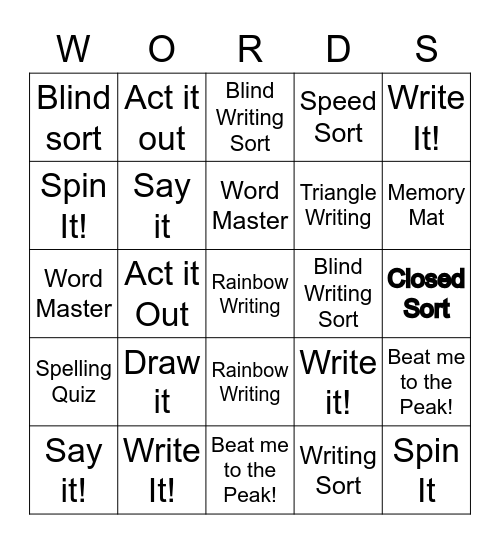 Word Work Bingo Card