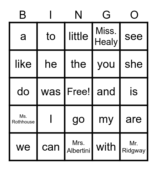 Sight Word Review Bingo Card
