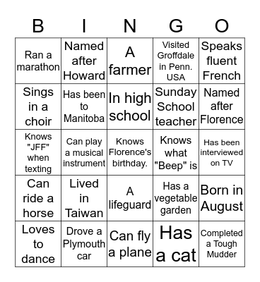 GROFF  REUNION Bingo Card