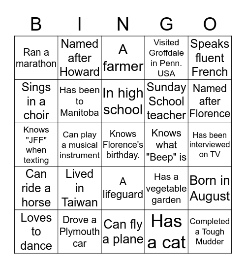 GROFF  REUNION Bingo Card