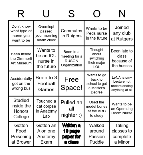 RUSON Welcome Back Bingo! Bingo Card