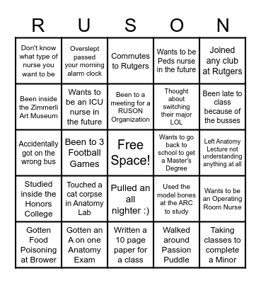 RUSON Welcome Back Bingo! Bingo Card