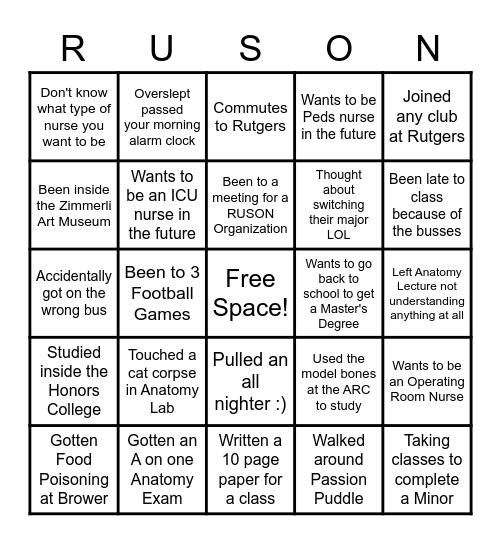 RUSON Welcome Back Bingo! Bingo Card