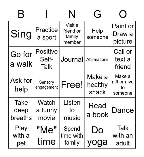 Coping Activities Bingo Card