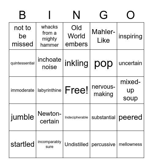 Descriptive words and phrases Bingo Card
