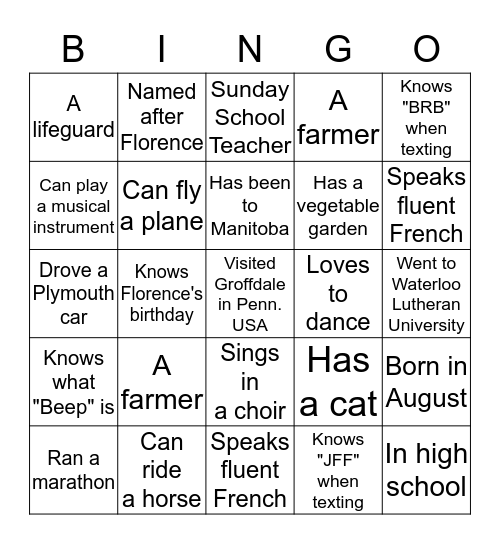 GROFF  REUNION Bingo Card