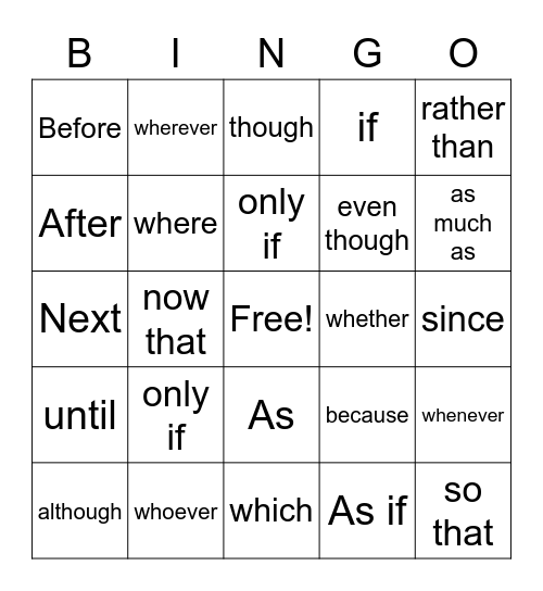 Subordinating Conjunctions Bingo Card