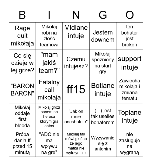 Mikołaj Bingo Card