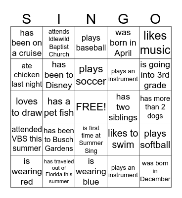 Summer Sing Singo Bingo Card