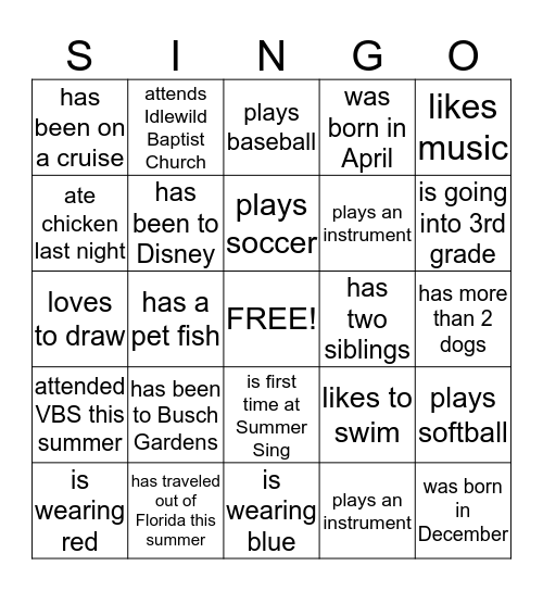 Summer Sing Singo Bingo Card
