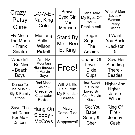 60's Bingo Card