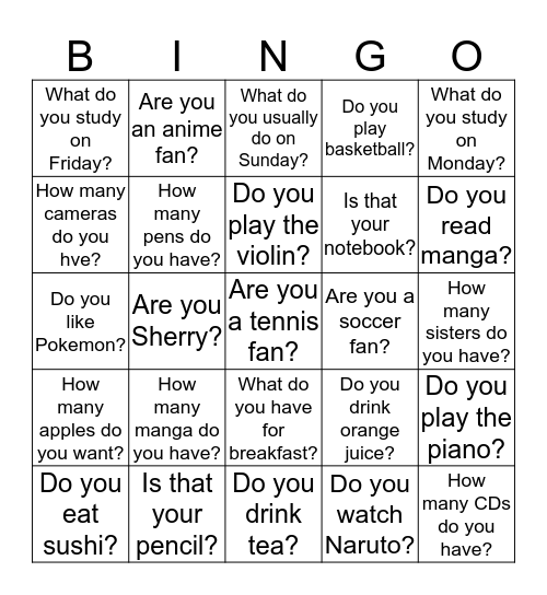 Question Bingo Card