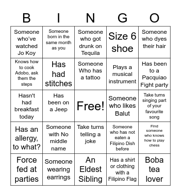 Filipino Human Bingo Card