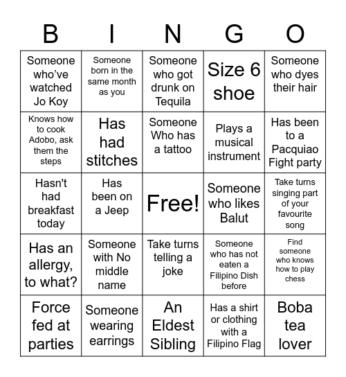 Filipino Human Bingo Card