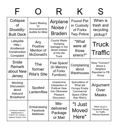 Forks Township Bingo - 2022 Edition Bingo Card