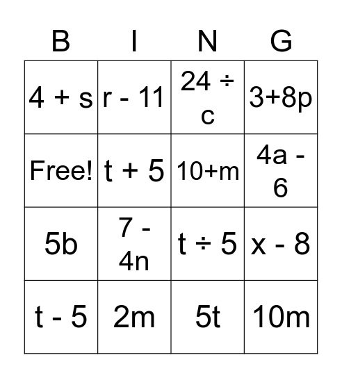 Writing Algebraic Expressions Bingo Card