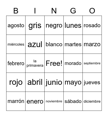 Spanish Vocabulary Bingo Card