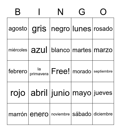 Spanish Vocabulary Bingo Card