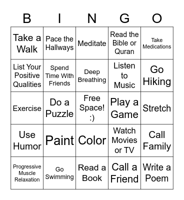 Positive Coping Skills Bingo Card
