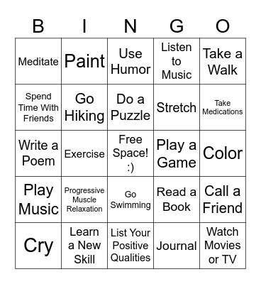 Positive Coping Skills Bingo Card