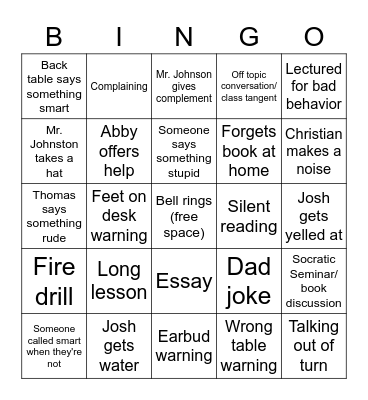 English Bingo Card