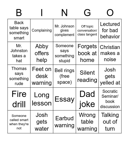 English Bingo Card