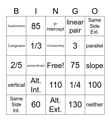 Parallel/Perpendicular Review Bingo Card