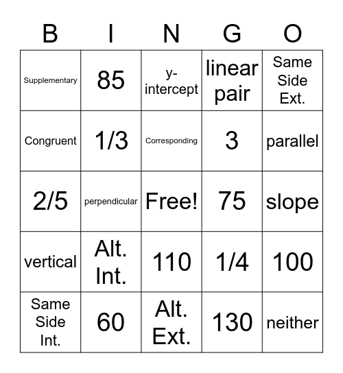 Parallel/Perpendicular Review Bingo Card