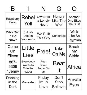 80s Pop Rock Bingo Card