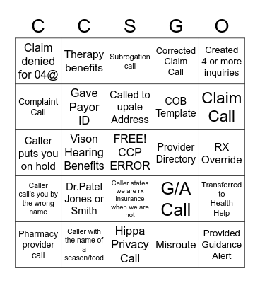 Call center Bingo Card