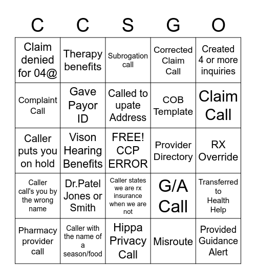 Call center Bingo Card