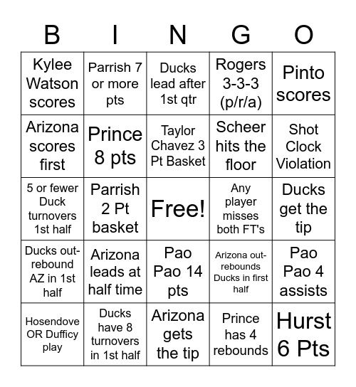 Oregon Duck Bingo! Bingo Card