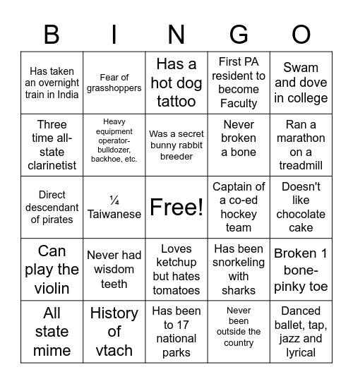 PA Welcome BINGO Card