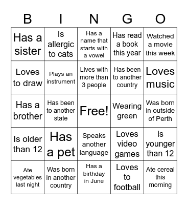 Getting to Know You Bingo Card