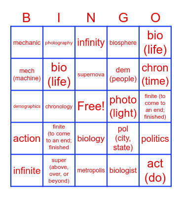 Root Word Bingo Unit 3 Bingo Card