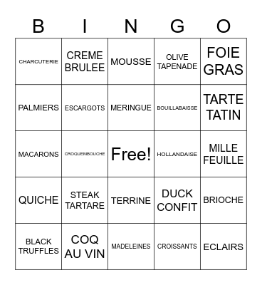 FRENCH FOOD Bingo Card