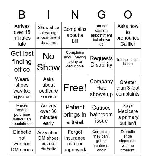 Podiatry Office Bingo Card