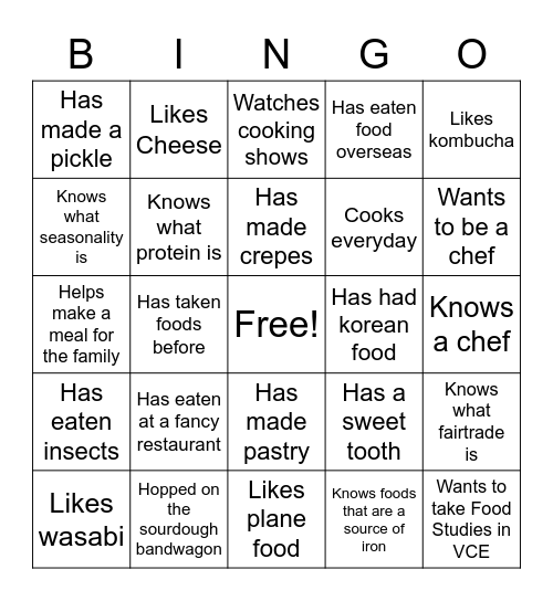 Get to know a FOODIE Bingo Card