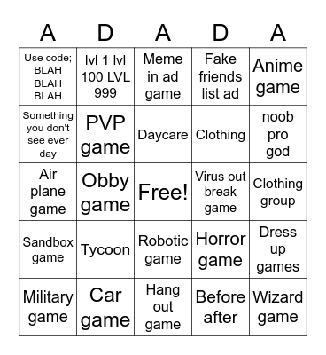 Roblox ad bingo Card