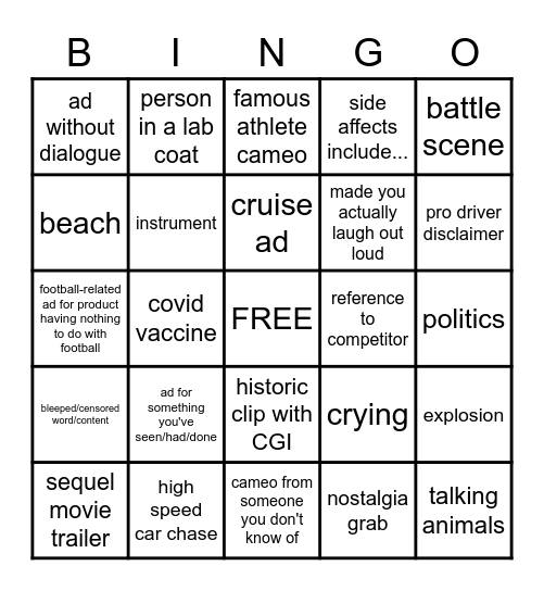 SUPER BOWL COMMERCIALS Bingo Card